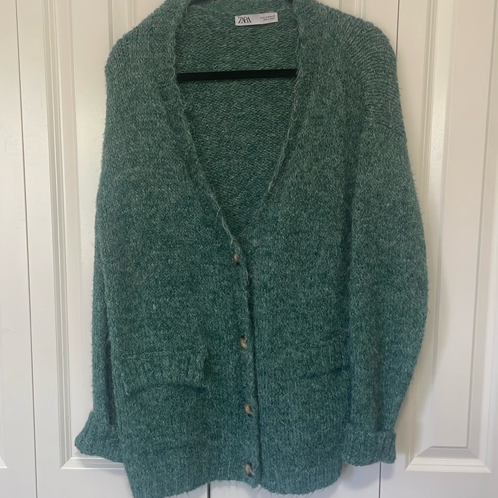 Zara Marl Green long Neck Cardigan
